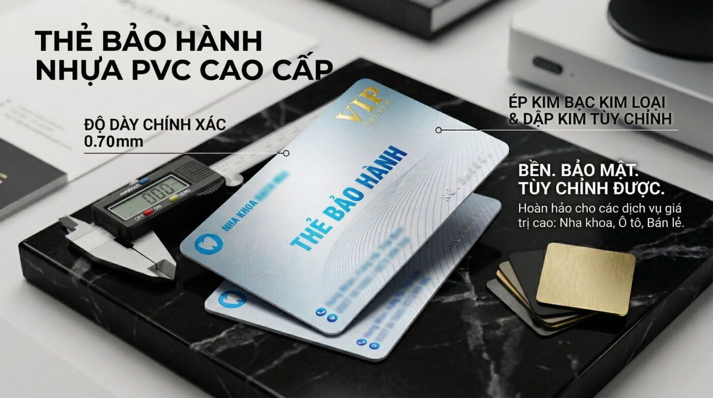 Thẻ tên PVC ép kim cao cấp là lựa chọn hoàn hảo cho doanh nghiệp và cá nhân muốn thể hiện sự chuyên nghiệp và đẳng cấp. Sản phẩm được làm từ chất liệu PVC bền bỉ, chống trầy xước, kết hợp công nghệ ép kim sang trọng giúp logo và thông tin nổi bật, tinh tế. Thẻ phù hợp sử dụng làm name card, thẻ nhân viên, thẻ thương hiệu giúp nâng tầm hình ảnh doanh nghiệp và tạo ấn tượng mạnh với khách hàng.